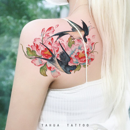 她画 古风燕子花臂 后背牡丹纹身贴 大图案小臂 防水女持久少女心 - 图1