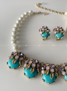 复古珍珠琉璃粉紫色花球项链 耳钉套装