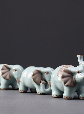 精品茶宠摆件哥窑大象开片陶瓷招财创意茶盘茶道摆件手工桌面摆件