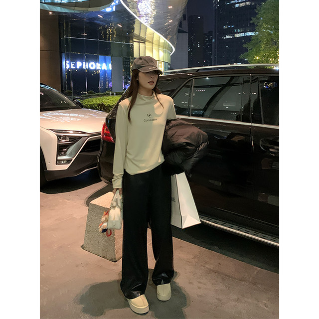 NAZ big size autumn and winter new Korean style PU leather fashionable leather pants fat mm high waist fashionable black straight pants for women