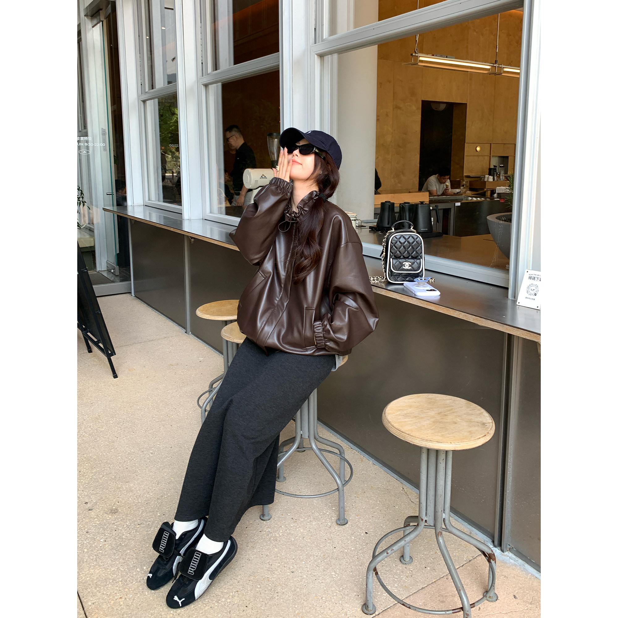 NAZ那子大码秋冬百搭时尚抽皱短款PU皮夹克胖mm高级感气质外套女,淘宝优惠券,粉丝福利购,淘宝优惠卷