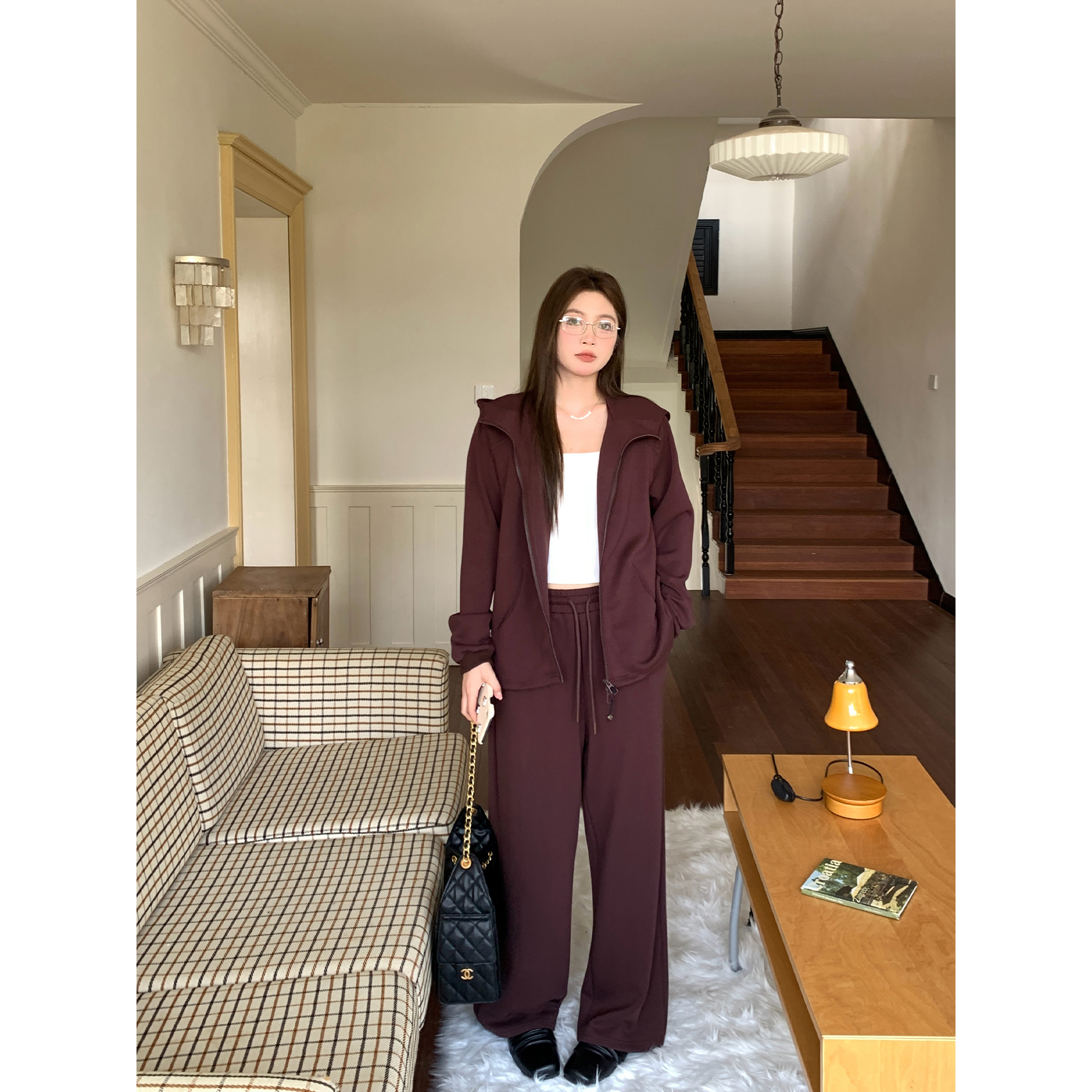 NAZ那子大码秋冬慵懒时尚显瘦连帽气质卫衣胖mm显瘦直筒长裤套装 - 图3