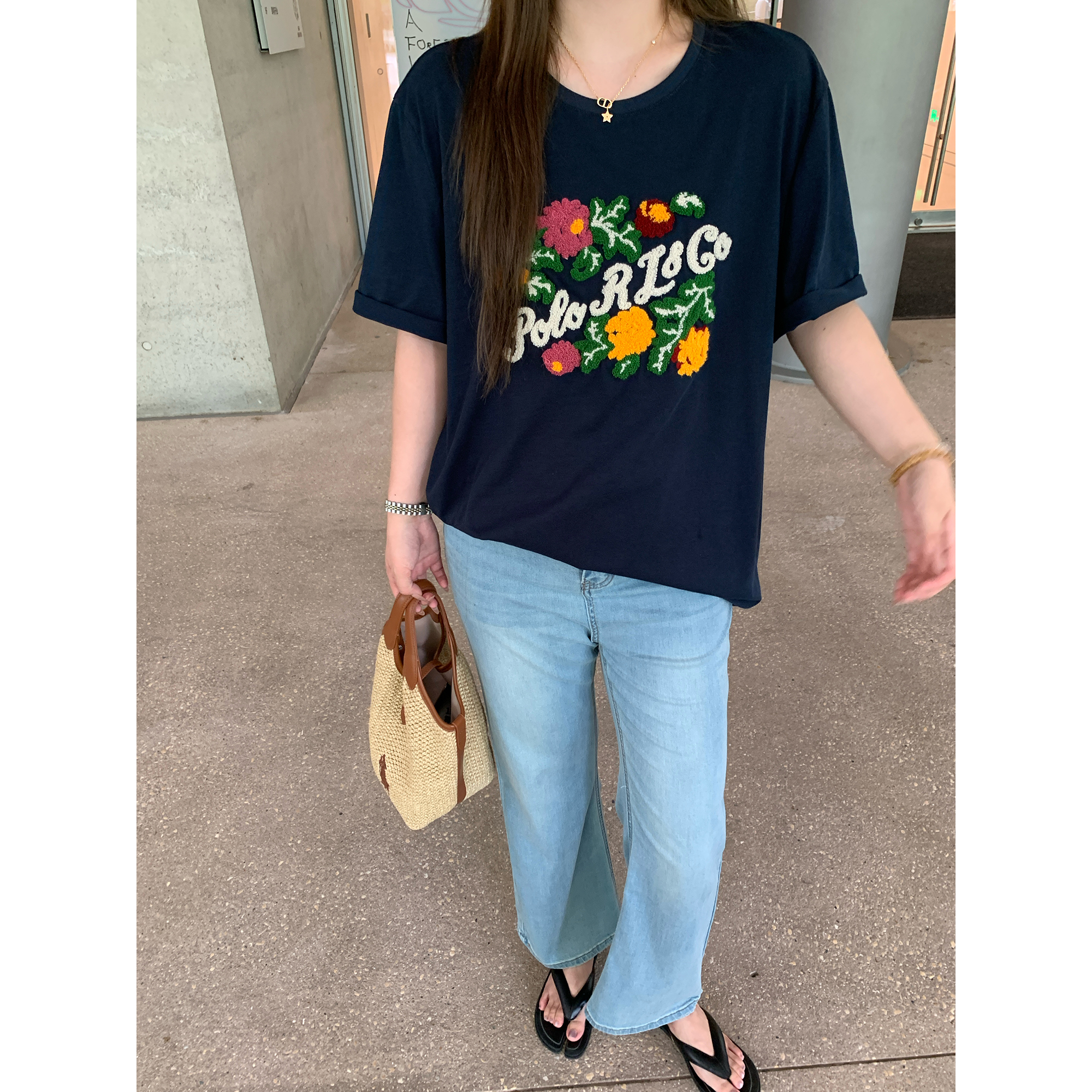 NAZ那子大码夏季全棉重工立体绣花设计感T恤胖mm时尚圆领宽松上衣 - 图1