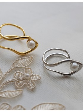 日韩clane风冷淡风夸张女小众大c线条仿珍珠开口戒指