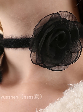 韩系复古黑色玫瑰花项圈