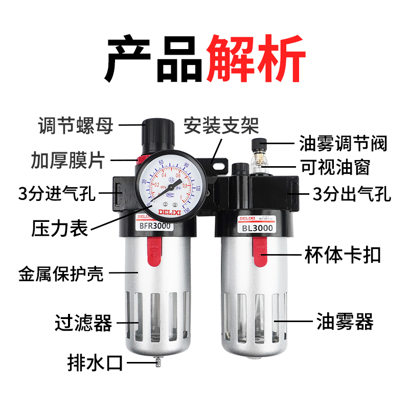 德力西油水分离器BFC2000 BFC3000BFC4000双联件过滤调压阀气源处 - 图0