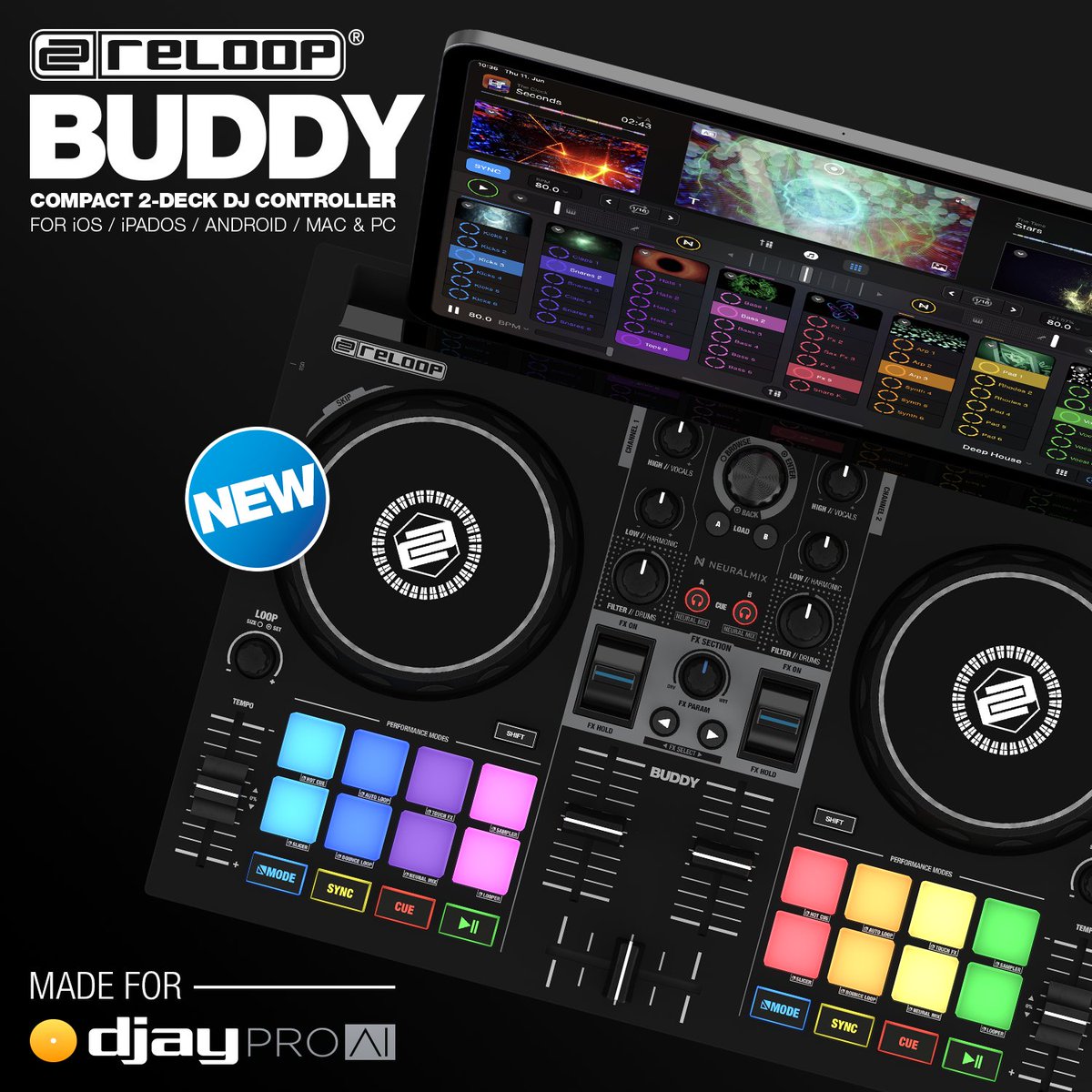 Reloop BUDDY 迷你便携DJ打碟机控制器 DJAY智能软件ios/电脑支持 - 图0