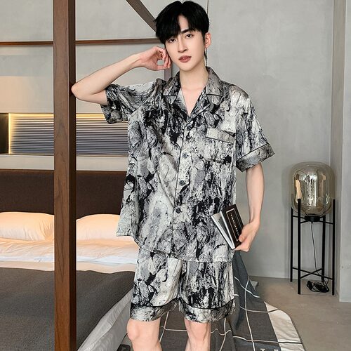 冰丝睡衣男士夏季长袖薄款短袖家居服泼墨画丝绸高级感男生可外穿 - 图0