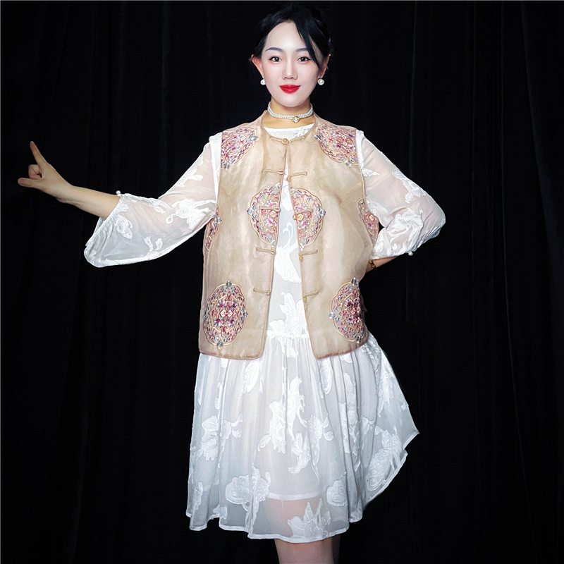 【宝相团花】新中式国风马甲刺绣桑蚕丝真丝绡欧根缎叠穿上衣坎肩 - 图2