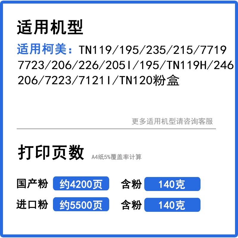 莱盛适用美能达tn119 195 235 215 7719 7723 206粉盒 226 205i 195 TN119H 246 206 7223 7121i tn120粉盒-图1
