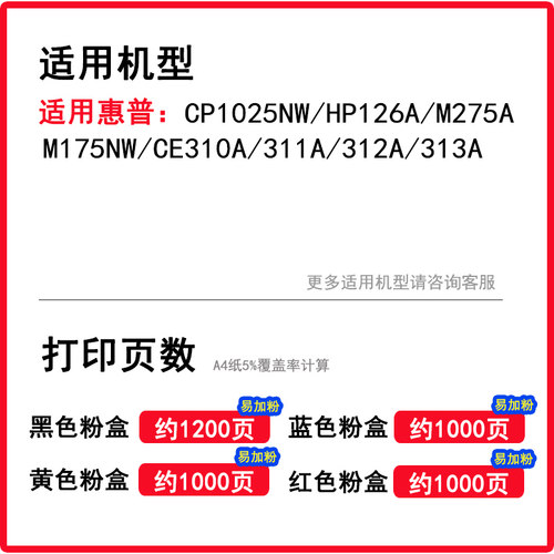 莱盛1025粉盒适用惠普CP1025nw彩色粉盒HP126A硒鼓M275a黑红黄蓝M175nw CE310A/311A/312A/313A/314A成像鼓体 - 图1