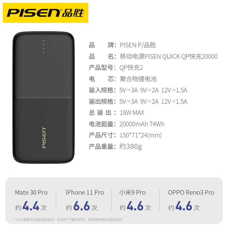 品胜数码旗舰店品胜20000毫安充电宝大容量PD双向快充手机官网正品适用小米华为vivo苹果便携移动电源18W闪充专用2