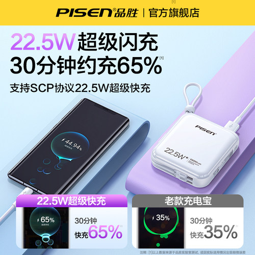 品胜充电宝10000毫安自带线22.5W快充超大容量迷你超薄小巧便携2万移动电源20000适用华为小米苹果15专用-图2