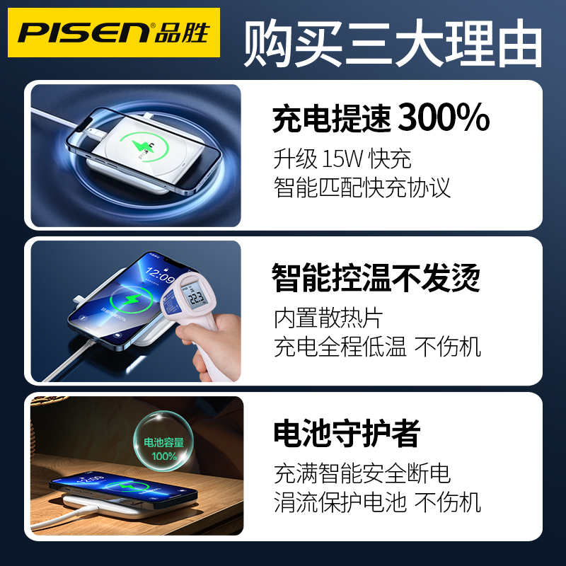 品胜数码旗舰店品胜适用iPhone13无线充电器15W苹果12手机11pro超级快充max小米10s专用8x三星华为P30头xr通用磁吸xs新款401