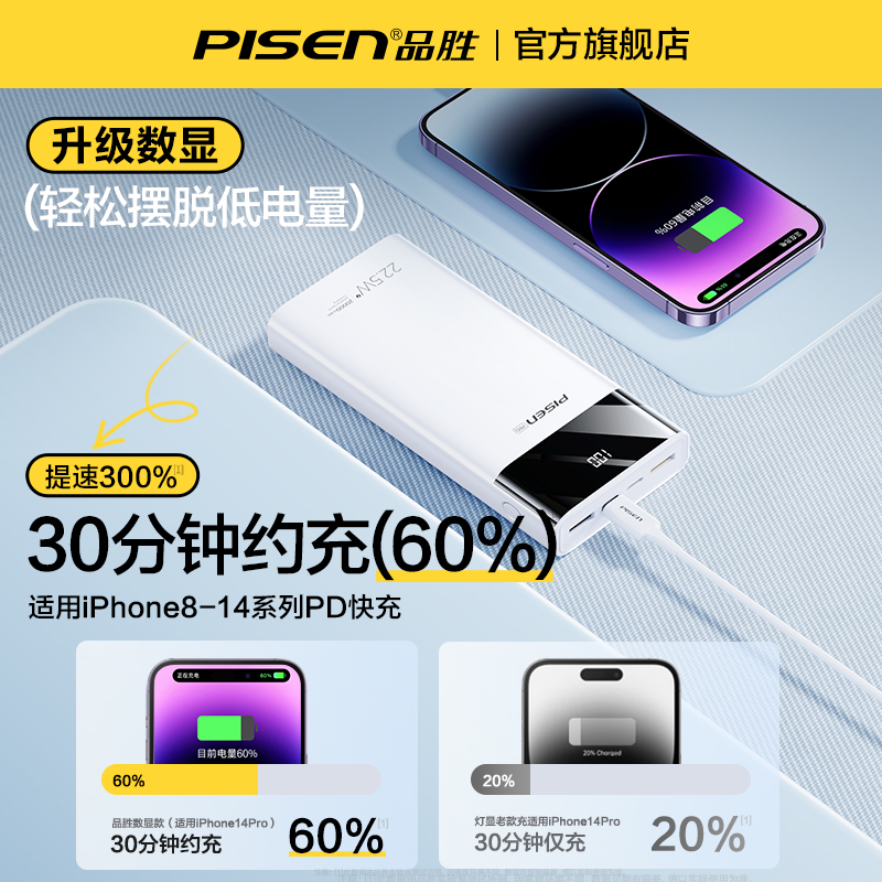 品胜20000毫安充电宝22.5W超级快充闪充超大容量超薄小巧便携移动电源适用华为小米苹果专用手机正品2025新款