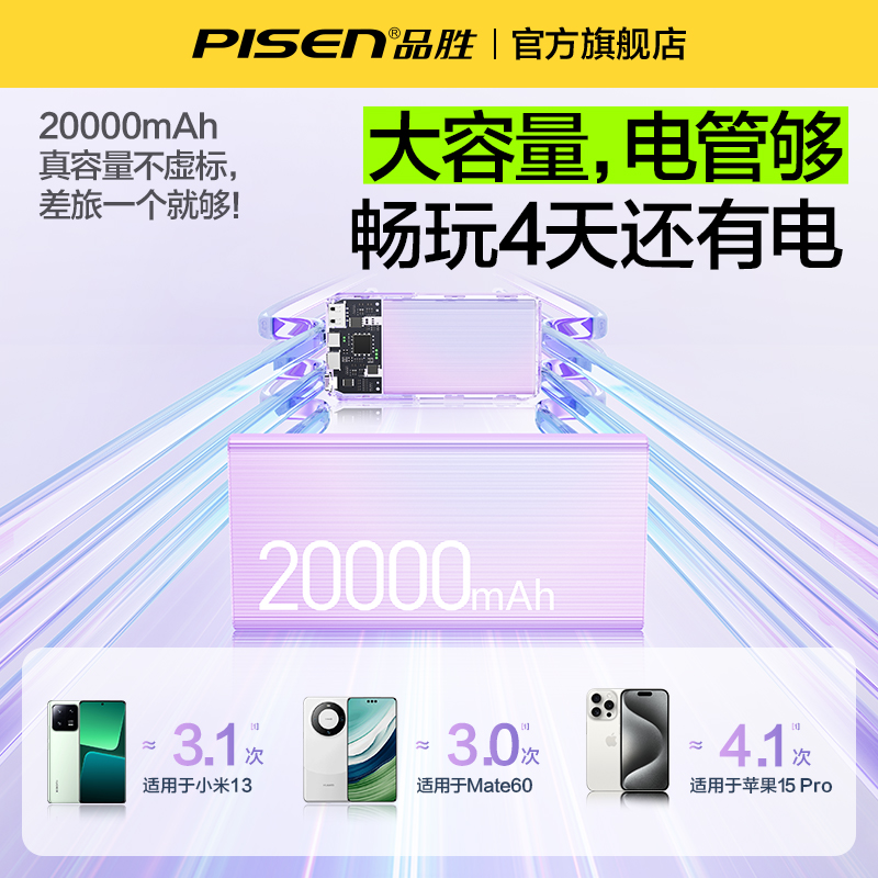 品胜自带线充电宝10000毫安2万超大容量超薄小巧便携超级快充适用华为小米iPhone苹果15移动电源闪充新款轻电 - 图2