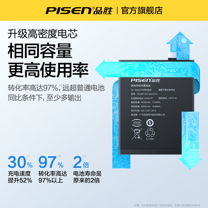 品胜适用vivo电池X21/X20/X20A/X23幻彩X27pro手机X9 Plus电板X21i/X9S更换X30/X60大容量X50超级XPLAY6闪充 - 图1