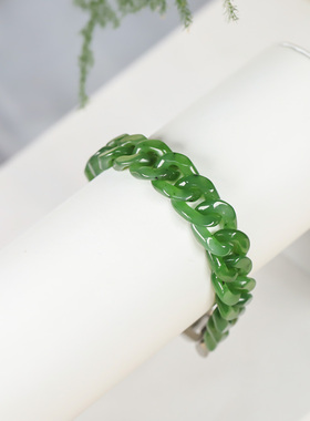 天然A货新疆和田玉碧玉冰种古巴手链玉石钛钢嘻哈风格女潮流手饰