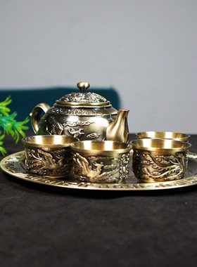 金属龙凤茶具套装家用复古高档功夫茶壶茶杯茶盘送朋友礼品