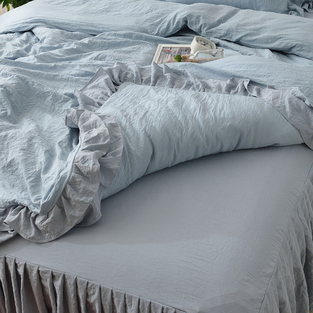 All cotton pure cotton Nordic style bed sheets and quilt covers wash cotton princess style bed skirt solid color bed four-piece set bedding ins