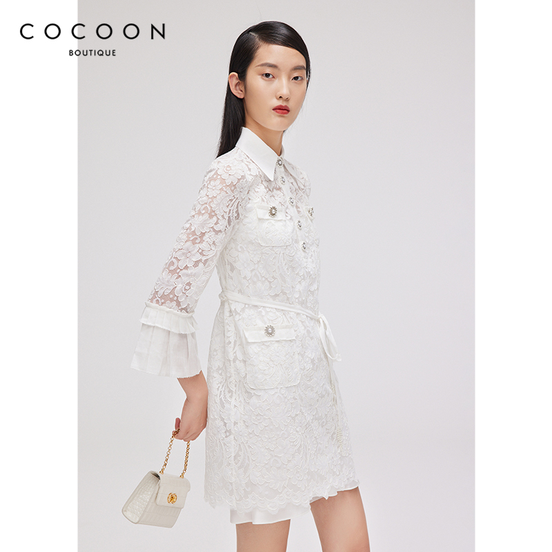 COCOON商场同款气质POLO领连衣裙女春2022新款长袖收腰显瘦蕾丝裙