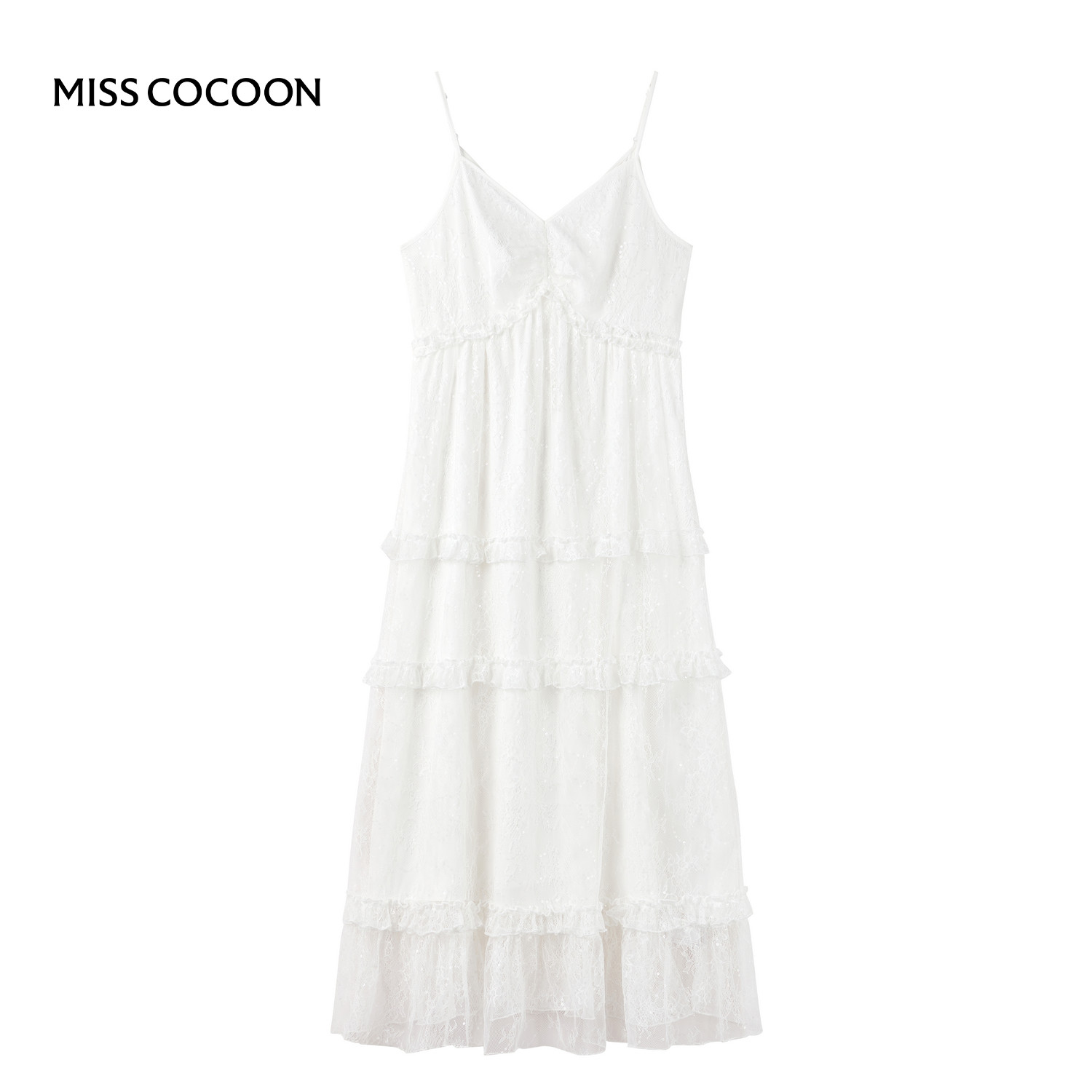 MISSCOCOON可可尼白色亮片吊带裙女2025秋季新款荷叶边蕾丝连衣裙,淘宝优惠券,粉丝福利购,淘宝优惠卷