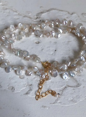 冷强光白色小花瓣形巴洛克珍珠14k颈链短款天然淡水珍珠项链女