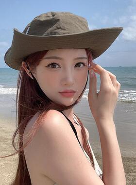 西部牛仔渔夫帽夏季遮阳帽男女辣妹户外登山大檐防紫外线帽子