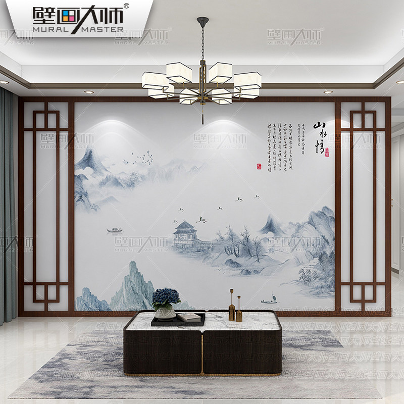墙纸新中式电视背景墙壁纸客厅新款壁布意境山水壁画沙发影视墙布_虎窝淘