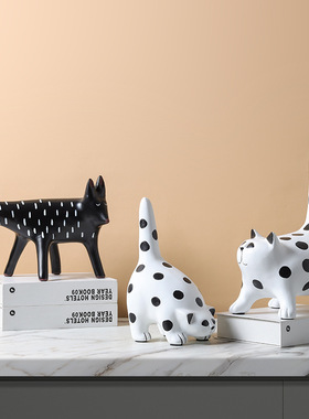 树脂波点猫摆件卡通趣味手黑白斑点动物猫咪狐狸家居样板间饰品