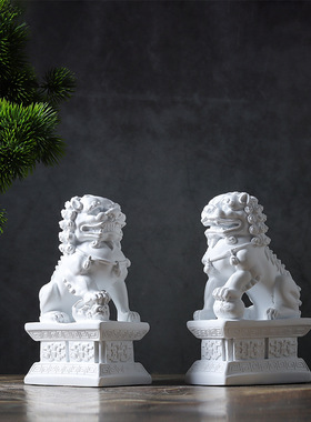 新中式禅意白色树脂狮子书档招财风水摆件家居样板间酒店会所饰品