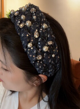 韩版珍珠发箍藏蓝色牛仔磨毛编织水钻高颅顶遮白发显脸小头箍发饰