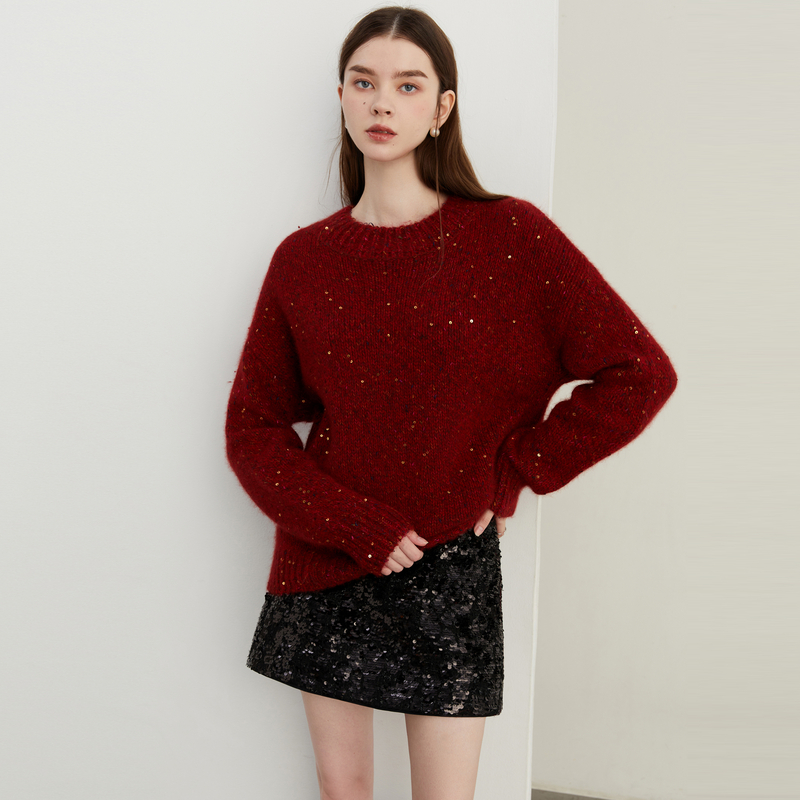 DPLAY2024冬季新款气质红色毛衣女羊毛新年本命年亮片针织衫上衣