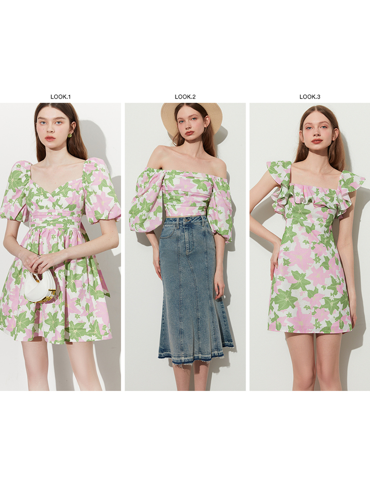 DPLAY2023夏新度假风绿粉百合一字领两穿