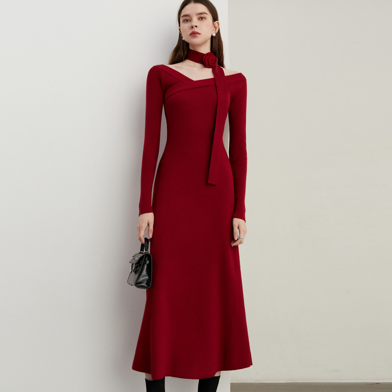 DPLAY2025年秋季新款法式红色连衣裙女一字肩长款针织裙子长袖,淘宝优惠券,粉丝福利购,淘宝优惠卷