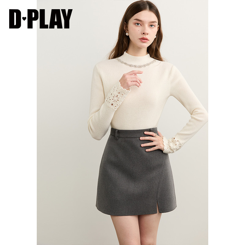 DPLAY100羊毛针织衫2025年冬季白色针织衫女镂空花边毛衣打底衫,淘宝优惠券,粉丝福利购,淘宝优惠卷