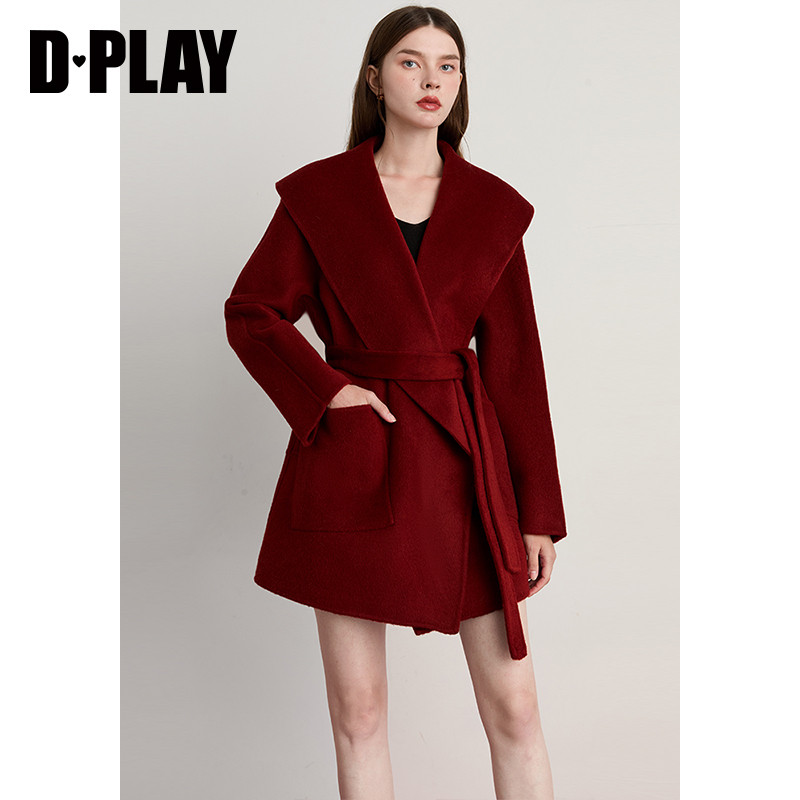 DPLAY含羊绒2025冬季新款红色大衣翻领含羊绒外套气质双面呢大衣,淘宝优惠券,粉丝福利购,淘宝优惠卷