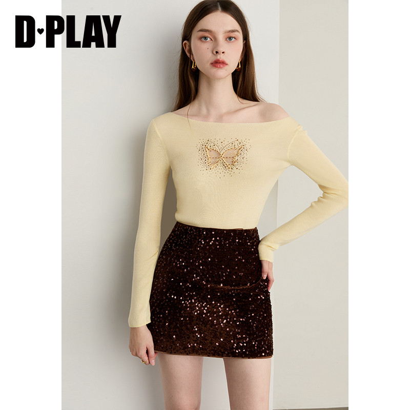 DPLAY2025年秋季新款黄色上衣女一字肩镂空气质流行针织打底衫,淘宝优惠券,粉丝福利购,淘宝优惠卷