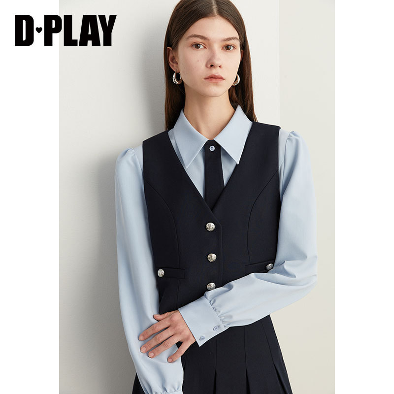 DPLAY初春老钱风西装套装学院风套装藏青色西装外套衬衫马甲制服-图1