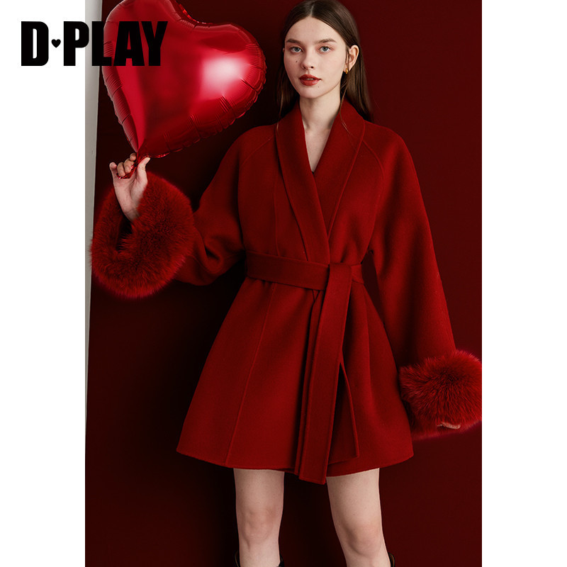 DPLAY【黑标】100羊毛外套女狐狸毛新年冬季新款红色双面呢子大衣,淘宝优惠券,粉丝福利购,淘宝优惠卷