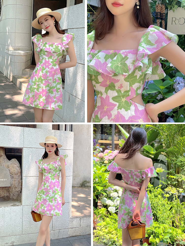 DPLAY2023夏新度假风绿粉百合一字领两穿