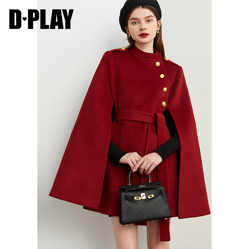 DPLAY2025年冬季气质复古红色斗篷大衣羊毛呢子大衣结婚外套女 - 图0