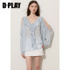 DPLAY ເສື້ອຍືດຄໍຄໍ V ສີຟ້າຝຣັ່ງ ເສື້ອຢືດຍາວ 2026 ຮູຂຸມຂົນ ruffled lace-up