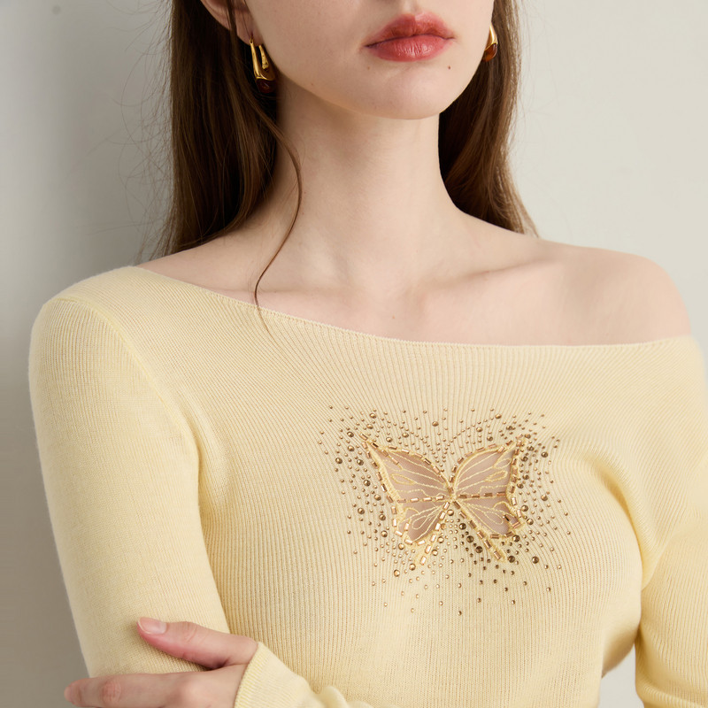 DPLAY2025年秋季新款黄色上衣女一字肩镂空气质流行针织打底衫,淘宝优惠券,粉丝福利购,淘宝优惠卷