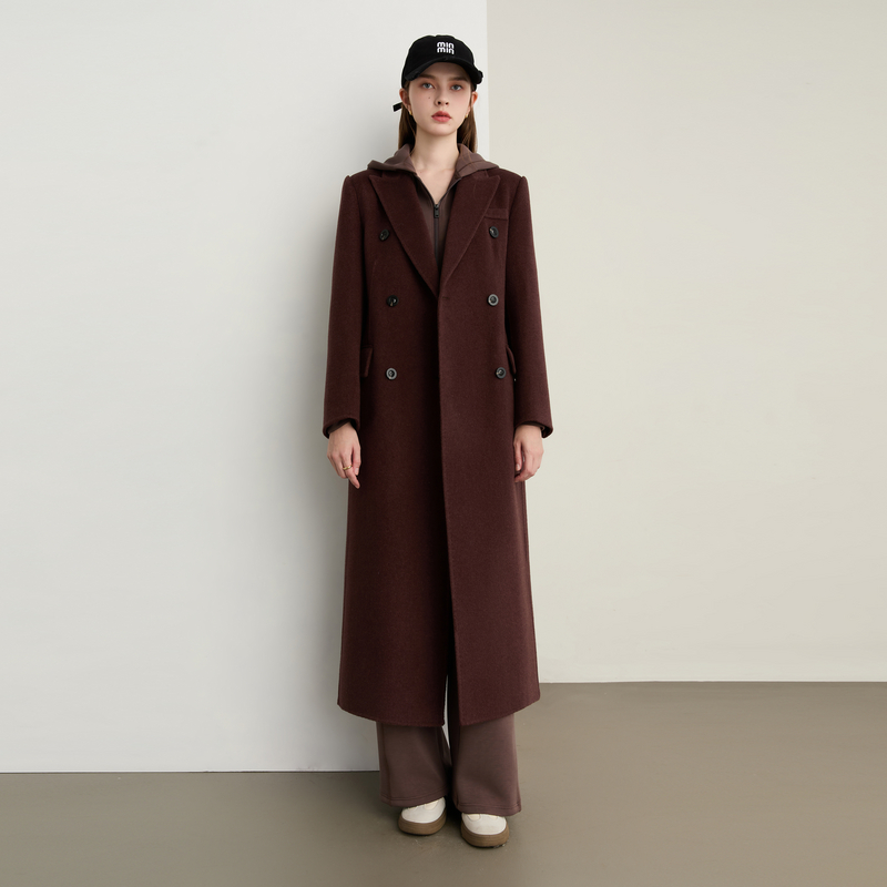 DPLAY【黑标】2025冬季新款棕色长款大衣女气质羊毛双面呢子外套 - 图1