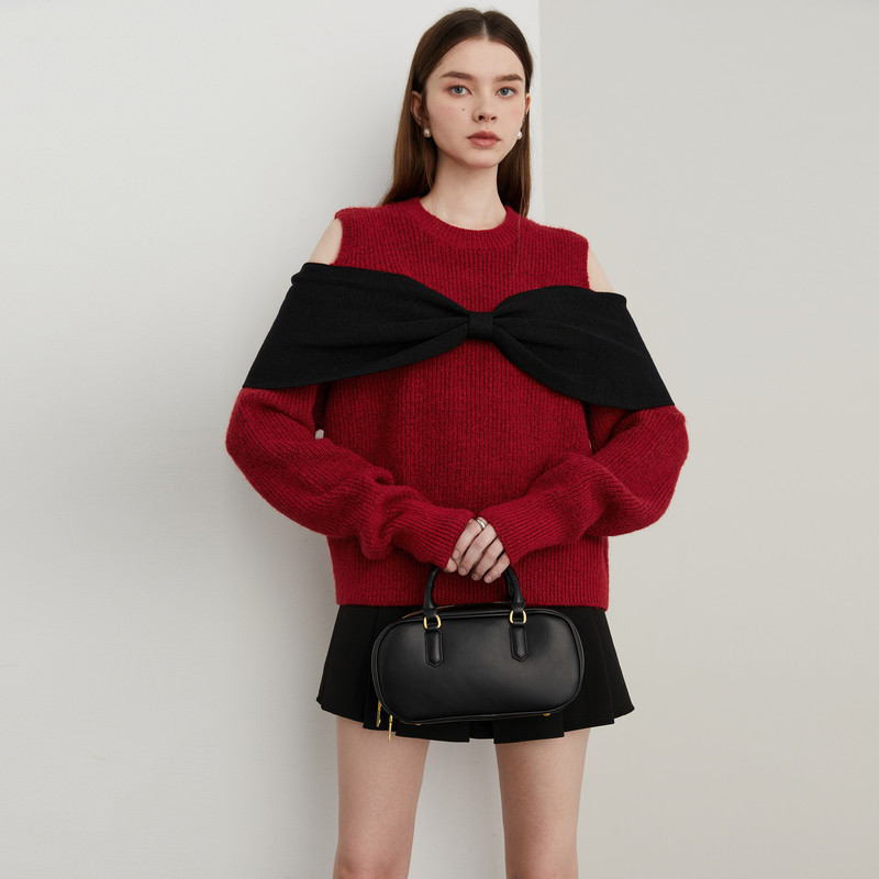 DPLAY2026春季新款红色毛衣含羊毛蝴蝶结新年节针织衫露肩上衣女,淘宝优惠券,粉丝福利购,淘宝优惠卷