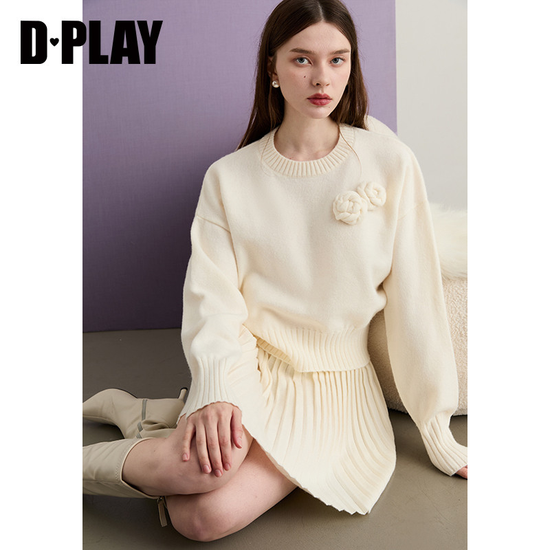 DPLAY2025年秋季新款白色套装女宽松气质针织圆领上衣半裙两件套,淘宝优惠券,粉丝福利购,淘宝优惠卷
