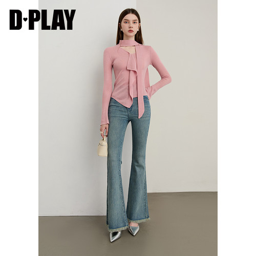 DPLAY2025年秋季新款粉色针织衫女荷叶边喇叭袖打底衫羊毛上衣 - 图1