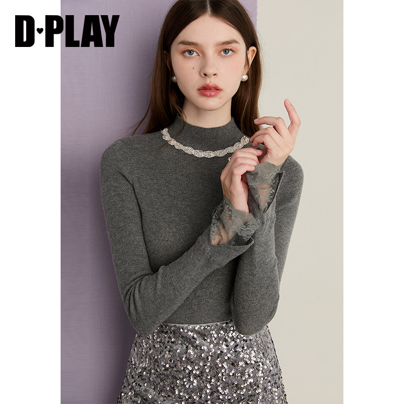 DPLAY2025年冬季新款灰色针织打底衫女内搭气质闪钻袖口蕾丝上衣,淘宝优惠券,粉丝福利购,淘宝优惠卷
