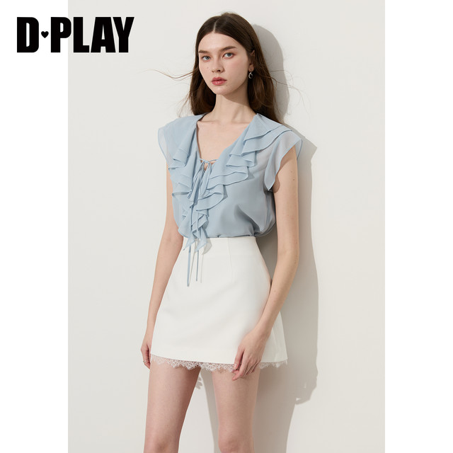 DPLAY ເສື້ອຍືດຄໍຄໍ V ສີຟ້າມີສາຍແຂນກາງແຈ້ງຂອງຜູ້ຍິງໃນລະດູຮ້ອນປີ 2026 ຝຣັ່ງ